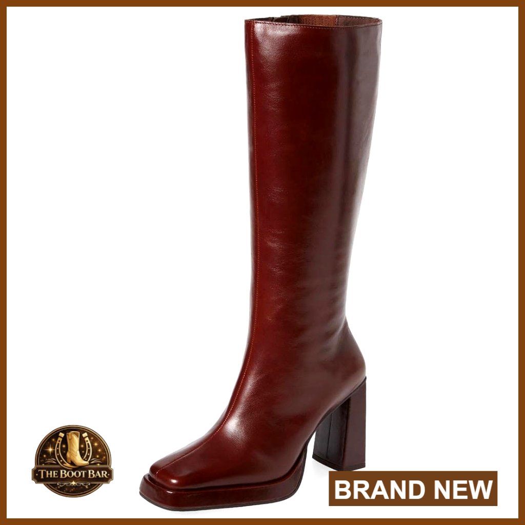 Black Leather Knee High Platform Boots Chunky Heel Square Toe Side Zipper